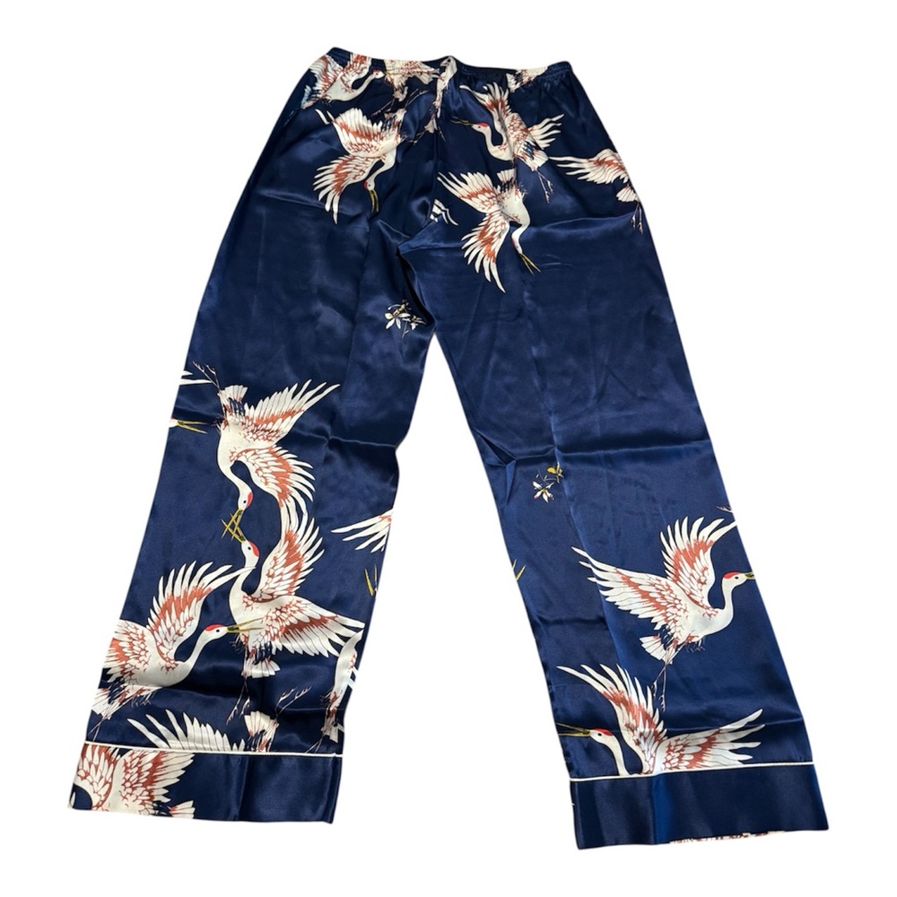 SILK SILKY Navy Silk Crane Print Pajama Set Long Sleeve Shirt Pants Size XL NWT - Picture 8 of 10